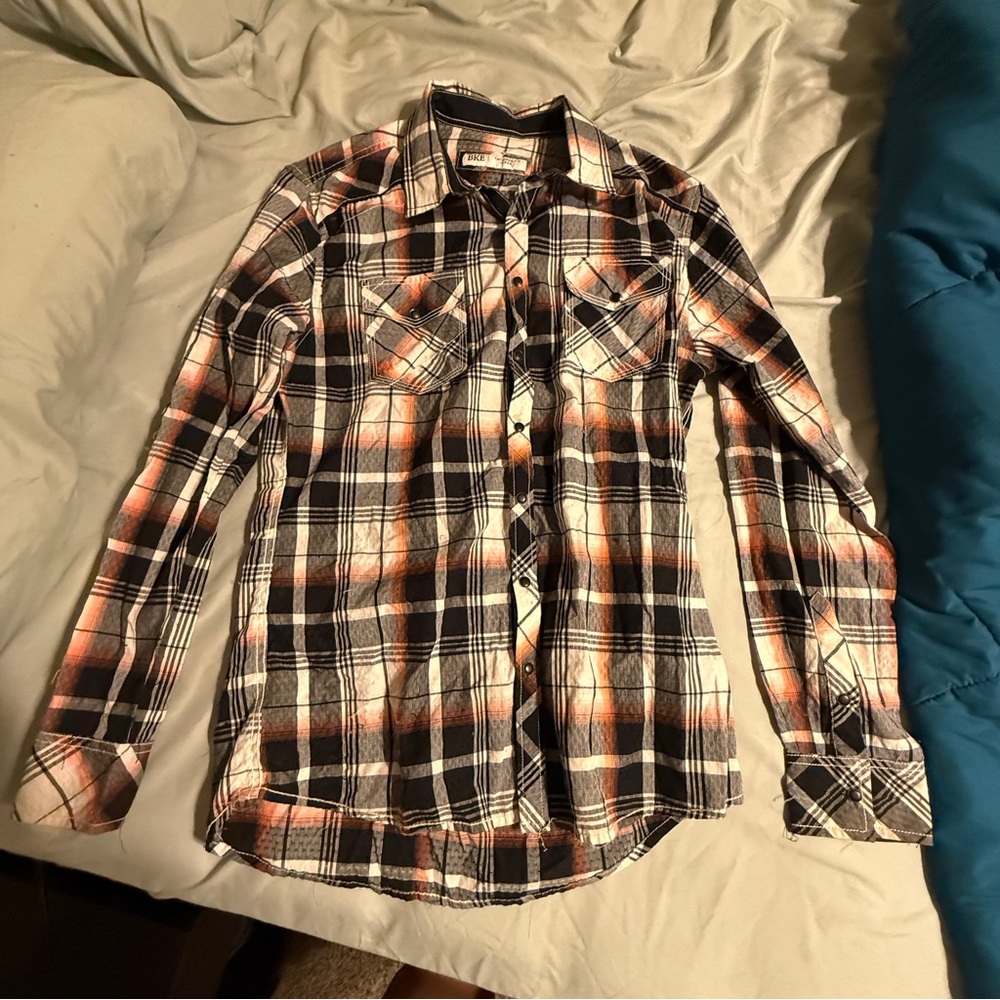 BKE Men’s Black and White Plaid Shirt with Orange Accents